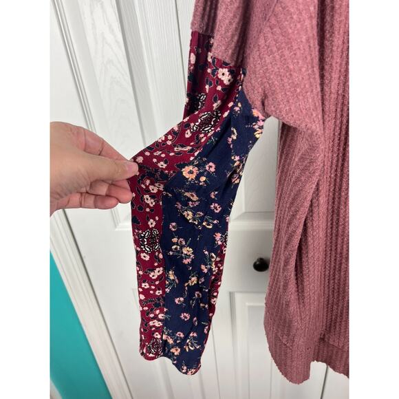 Know Rose Pink Raglan Waffle Knit Boho Top Mixed Print Floral Hippie XXL - Picture 5 of 9